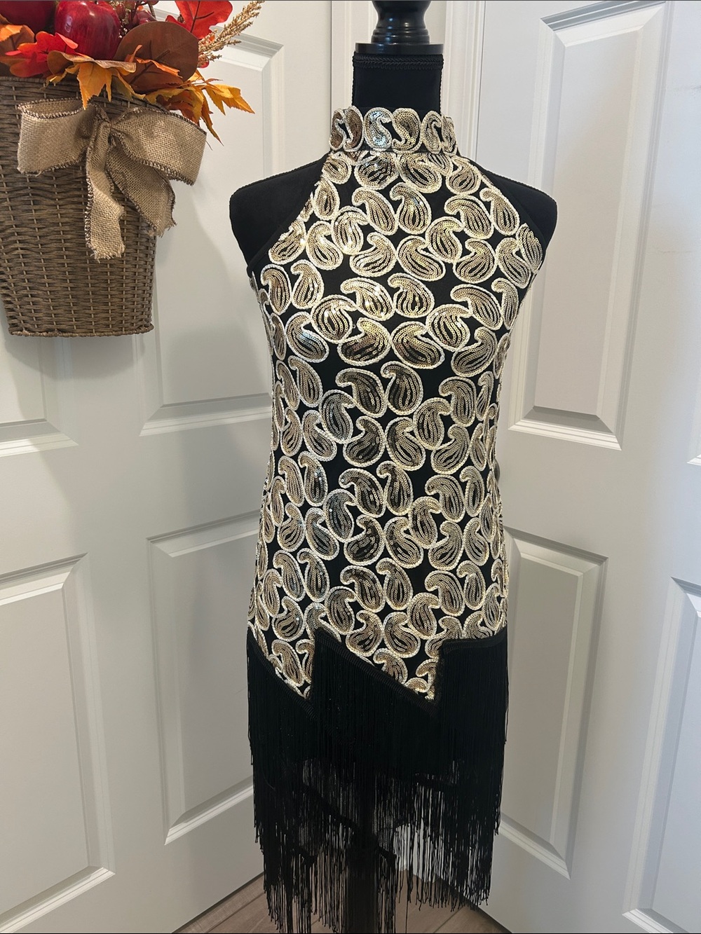 Elegant Flapper Dress Black and Gold Fringe Halter Accent